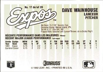 1992 Donruss Durivage Bread Montreal Expos #17 Dave Wainhouse Back