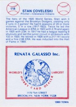 1977-84 Galasso Glossy Greats #118 Stan Coveleski Back