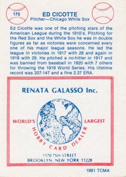1977-84 Galasso Glossy Greats #175 Eddie Cicotte Back