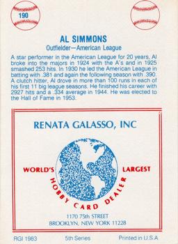 1977-84 Galasso Glossy Greats #190 Al Simmons Back