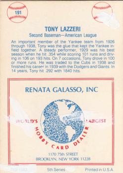 1977-84 Galasso Glossy Greats #191 Tony Lazzeri Back