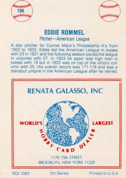 1977-84 Galasso Glossy Greats #196 Eddie Rommel Back