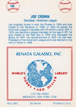 1977-84 Galasso Glossy Greats #198 Joe Cronin Back