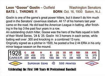 2002-09 Superior Gems 100 Years of Baseball: 1876-1976 #54 Goose Goslin Back