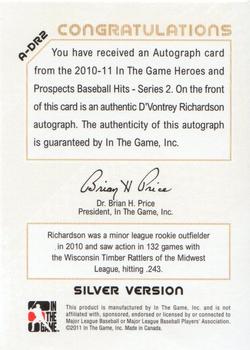 2011 In The Game Heroes & Prospects - Close Up Autographs Silver #A-DR2 D'Vontrey Richardson Back