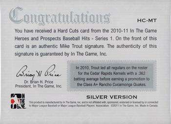 2011 In The Game Heroes & Prospects - Hard Cuts Autographs Silver #HC-MT Mike Trout Back