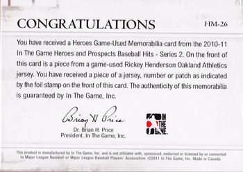 2011 In The Game Heroes & Prospects - Heroes Jerseys Silver #HM-26 Rickey Henderson Back