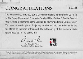 2011 In The Game Heroes & Prospects - Heroes Jerseys Silver #HM-24 Eddie Murray Back