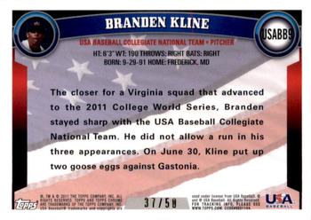 2011 Topps Chrome - USA Baseball Gold Refractors #USABB9 Branden Kline Back