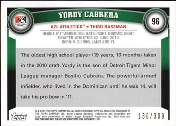 2011 Topps Pro Debut - Blue #96 Yordy Cabrera Back