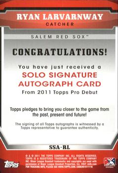 2011 Topps Pro Debut - Solo Signatures #SSA-RL Ryan Lavarnway Back
