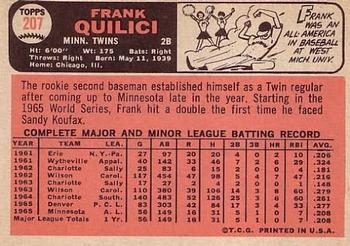 1966 Topps #207 Frank Quilici Back