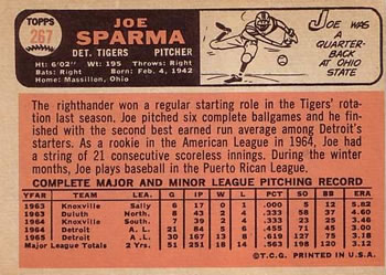1966 Topps #267 Joe Sparma Back