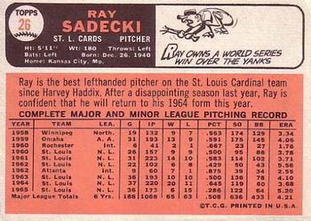 1966 Topps #26 Ray Sadecki Back