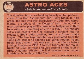 1966 Topps #273 Astro Aces (Bob Aspromonte / Rusty Staub) Back