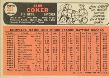 1966 Topps #292 Jim Coker Back