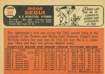 1966 Topps #309 Diego Segui Back