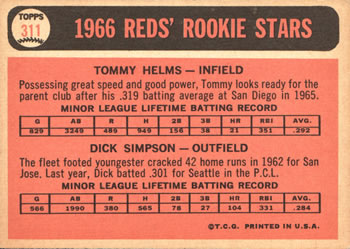 1966 Topps #311 Reds 1966 Rookie Stars (Tommy Helms / Dick Simpson) Back