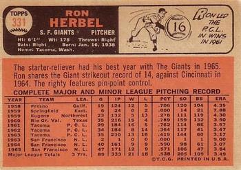 1966 Topps #331 Ron Herbel Back