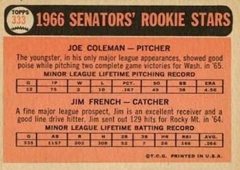 1966 Topps #333 Senators 1966 Rookie Stars (Joe Coleman / Jim French) Back