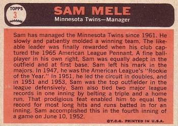 1966 Topps #3 Sam Mele Back
