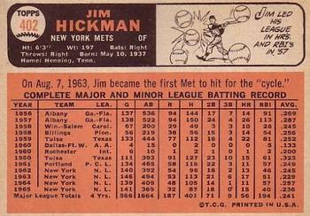 1966 Topps #402 Jim Hickman Back