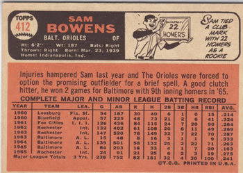 1966 Topps #412 Sam Bowens Back