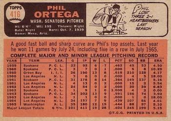 1966 Topps #416 Phil Ortega Back