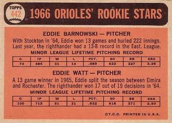 1966 Topps #442 Orioles 1966 Rookie Stars (Ed Barnowski / Eddie Watt) Back