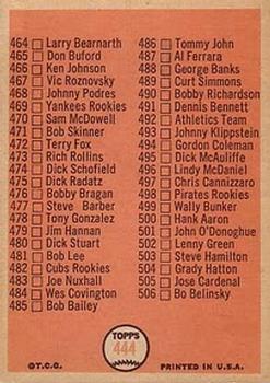 1966 Topps #444 6th Series Checklist: 430-506 Back