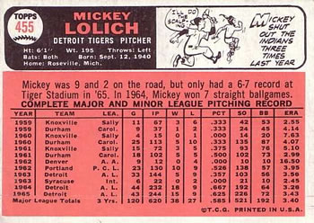 1966 Topps #455 Mickey Lolich Back