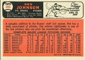 1966 Topps #466 Ken Johnson Back