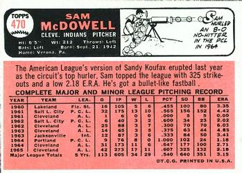 1966 Topps #470 Sam McDowell Back
