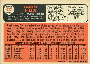 1966 Topps #472 Terry Fox Back