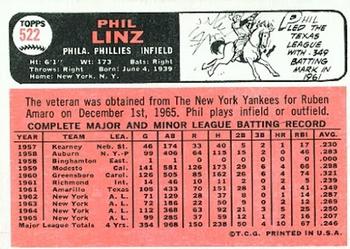 1966 Topps #522 Phil Linz Back