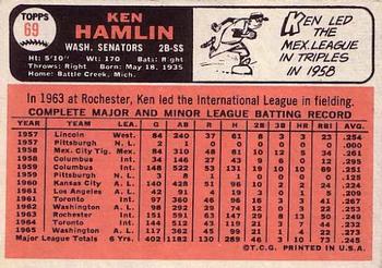 1966 Topps #69 Ken Hamlin Back