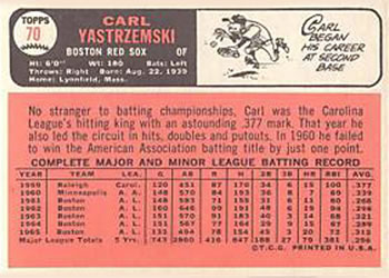 1966 Topps #70 Carl Yastrzemski Back