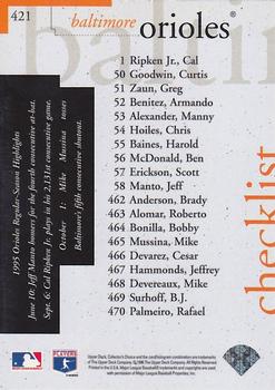 1996 Collector's Choice - Silver Signature #421 Orioles Checklist Back