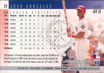 1996 Donruss #375 Juan Gonzalez Back