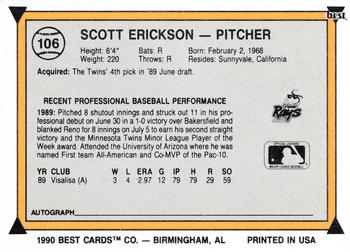1990 Best #106 Scott Erickson Back
