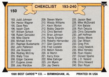 1990 Best #150 Checklist: 193-240 Back