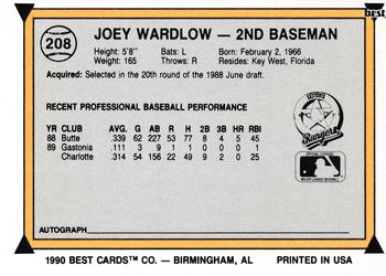 1990 Best #208 Joey Wardlow Back