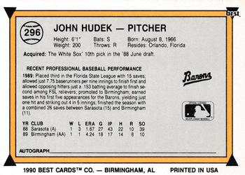 1990 Best #296 John Hudek Back