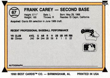1990 Best #67 Frank Carey Back
