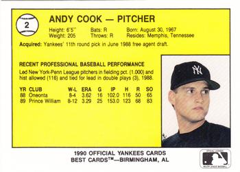 1990 Best Albany-Colonie Yankees #2 Andy Cook  Back