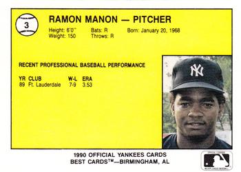 1990 Best Albany-Colonie Yankees #3 Ramon Manon  Back