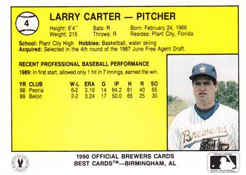 1990 Best Beloit Brewers #4 Larry Carter Back