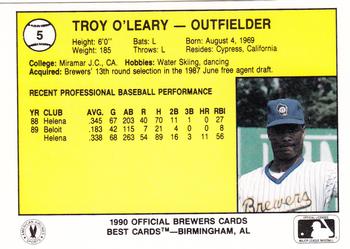 1990 Best Beloit Brewers #5 Troy O'Leary  Back