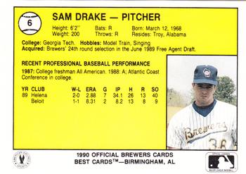 1990 Best Beloit Brewers #6 Sam Drake  Back