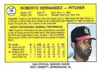 1990 Best Birmingham Barons #18 Roberto Hernandez  Back